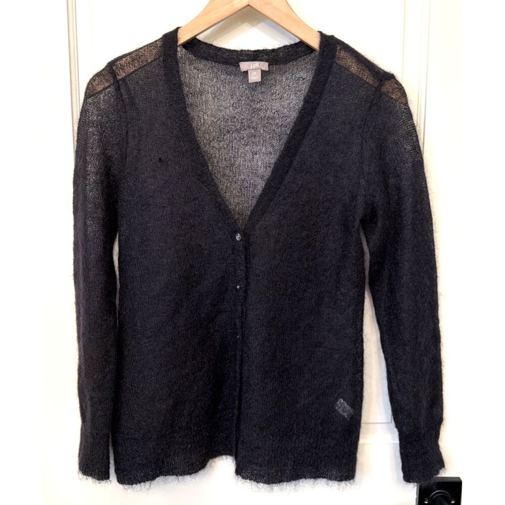 J. Jill Womens Black Cardigan XS Mohair Wool Blend Open Knit V Neck Minimalist